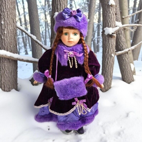Haunted Porcelain Doll Samantha Victorian Purple Dress Muff Paranormal Energy - Picture 1 of 5